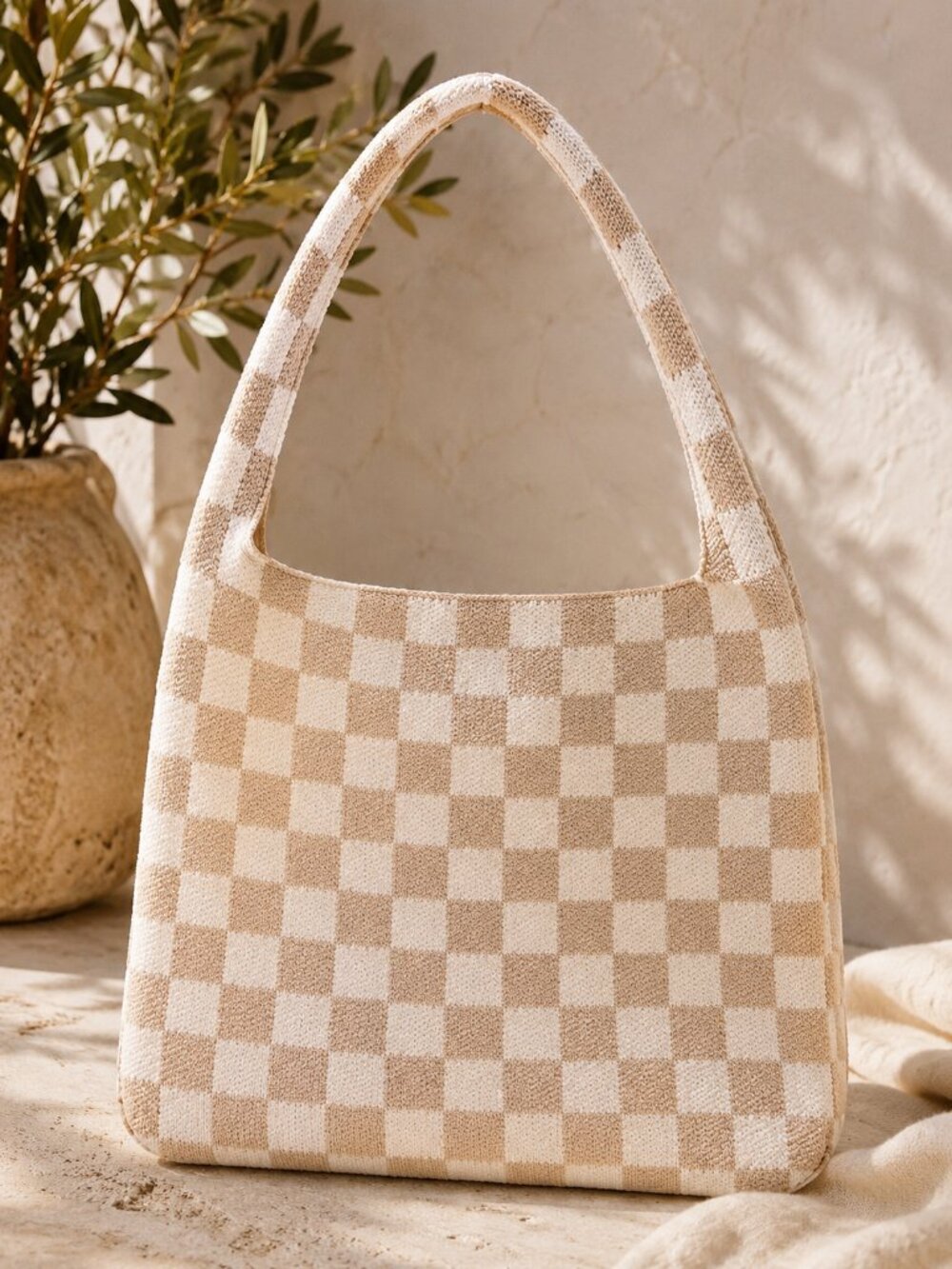 NEW Kopari Limited Edition Checkered Knit Tote Cream Tan Resort Shoulder Bag - Picture 5 of 10